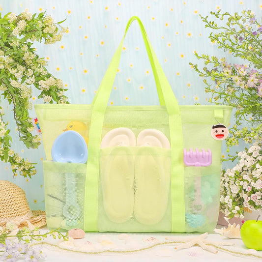 Tagitary Mesh Beach Bag with Zipper Large Beach Tote Waterproof Sandproof with 8 Pockets for Toys Pool Bag Beach Accessories