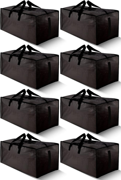 8 Pack Large Strong Bags with Zippers & Carrying Handles - Water-Resistant - Heavy Duty Storage Tote for Space Saving, Fold Flat, Alternative to Moving Box (Black)