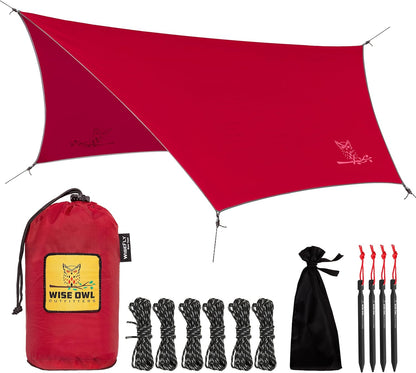 Wise Owl Outfitters Hammock Rain Fly – Waterproof Camping Tarp Cover with Tent Stakes & Carry Bag, Ultralight Shelter for Backpacking & Outdoor Shade