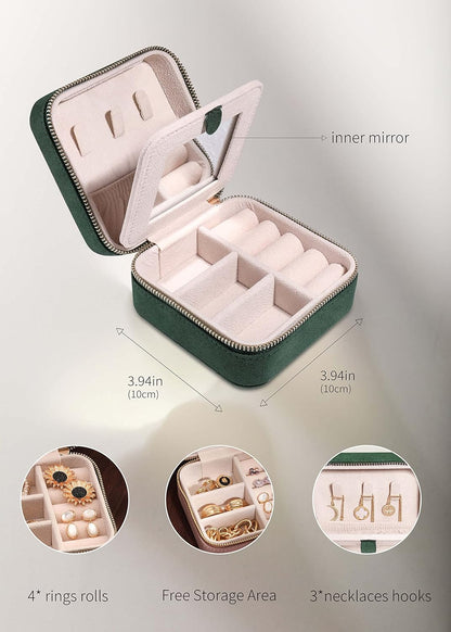 S.Leaf Travel Jewelry Organizer Travel Jewelry Boxes for Women Small Jewelry Travel Case Box Portable Travel Jewelry Case Travel Case Mini Jewelry (08_Suede_Touch_Emerald)