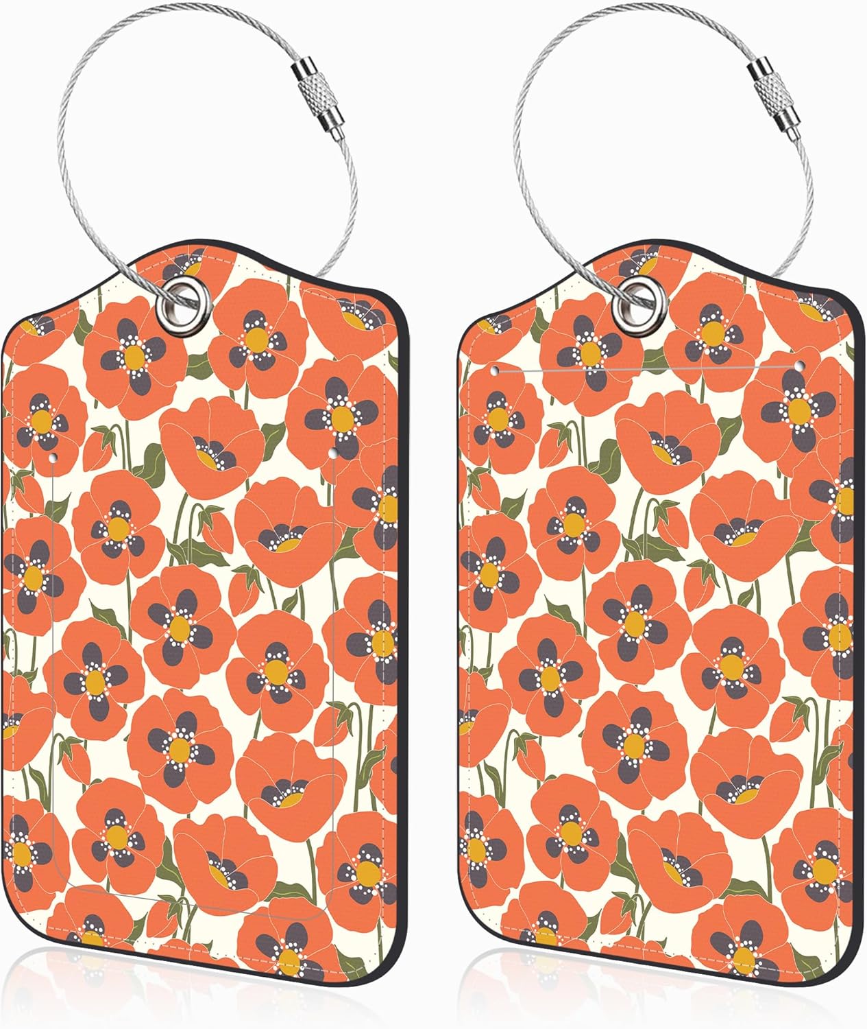2 Pack Luggage Tags for Suitcases Orange Flowers Leather Luggage Tags Privacy Cover ID Label with Stainless Steel Loop and Address Card for Women Men Travel Bag Backpack