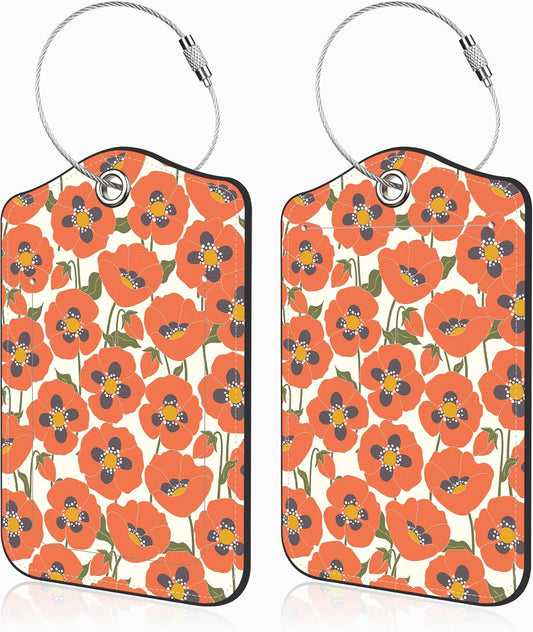 2 Pack Luggage Tags for Suitcases Orange Flowers Leather Luggage Tags Privacy Cover ID Label with Stainless Steel Loop and Address Card for Women Men Travel Bag Backpack