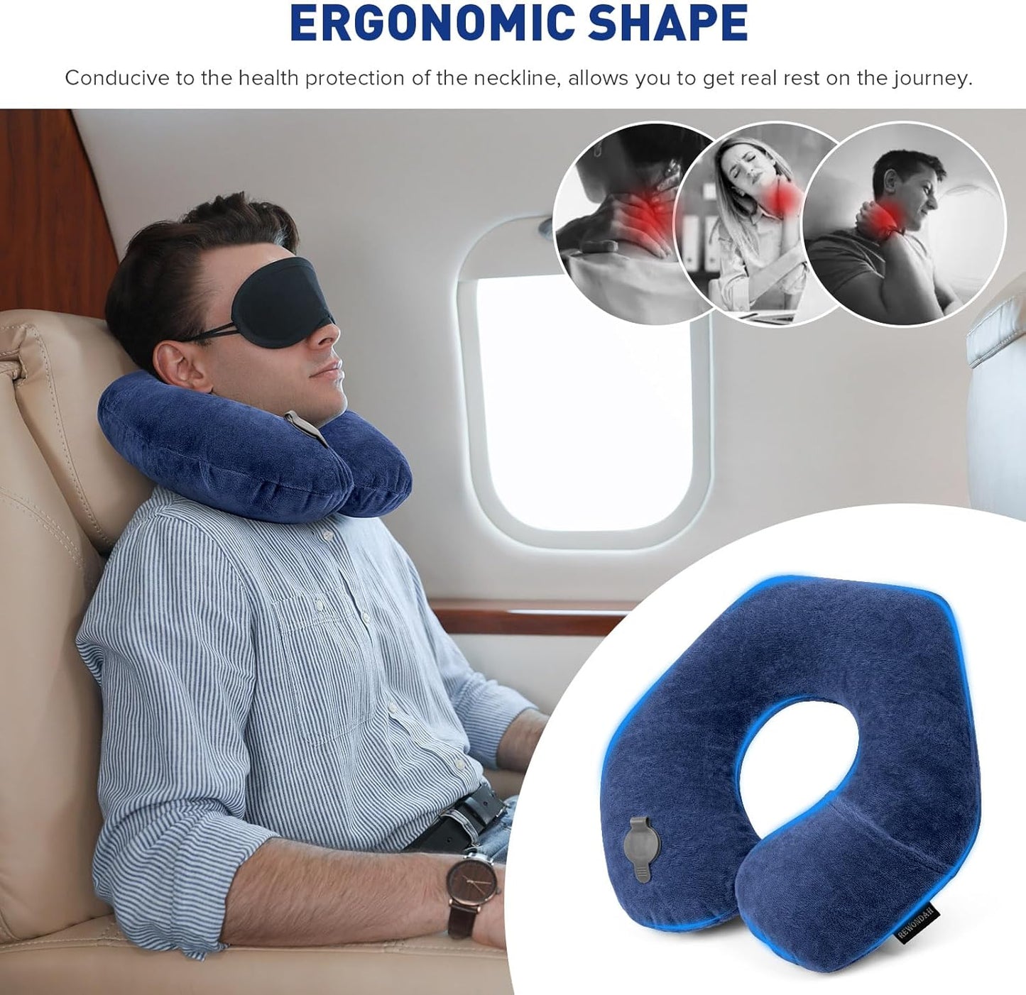 Rewondah Neck Pillows for Travel, Inflatable Travel Pillow, Inflatable Neck Pillow for Traveling Airplane with Soft Velour Washable Cover, Blow Up Neck Pillow for Airplanes Train Travel, Blue
