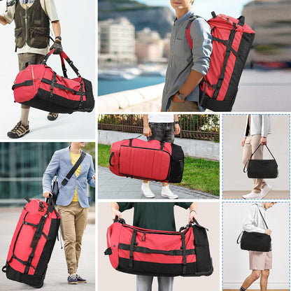 Vomgomfom 86L Collapsible Wheeled Luggage With Removable Backpack Straps,Waterproof Rolling Duffle Bag with Quilted Base,No Telescope Handle,Red