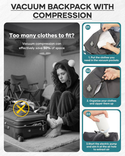 Vacuum Backpack Travel With Pump,Mochila De Viaje Compresion Al Vacio,Personal Item Travel Backpack With Vacuum System,Large Carry On Vacpack Backpacks For Women Men,Peacock Blue