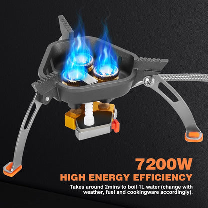 WADEO 7200W Windproof Camping Stove, Camping Gas Stove with Piezo Ignition, Two Fuel Canister Adapter, Carry Case, Portable Stove, Backpacking Stove for Outdoor Backpacking Hiking and Picnic