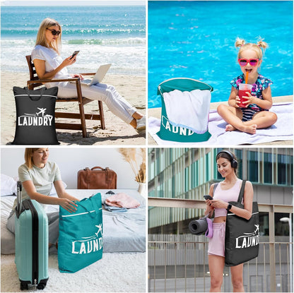 2 Pcs Large Travel Laundry Bag - Washable Waterproof Wet Bag for Dirty Clothes, Swimsuit, Workout, Gym, Swimming Pool, Yoga, College Dorm (Black+Blue)