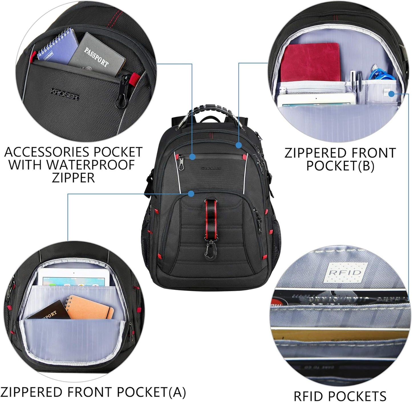 KROSER Travel Laptop Backpack 17.3 inch XL Computer Backpack Stylish College Backpack with RFID Pockets USB Charging Port REFLECTIVE STRIPS Water-Repellent Daypack for Business/Men