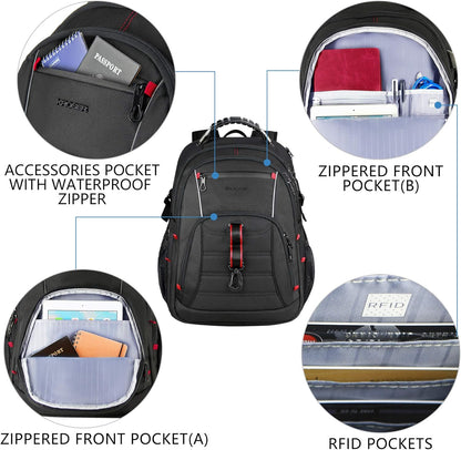 KROSER Travel Laptop Backpack 17.3 inch XL Computer Backpack Stylish College Backpack with RFID Pockets USB Charging Port REFLECTIVE STRIPS Water-Repellent Daypack for Business/Men