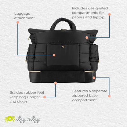 Itzy Ritzy Dream Weekender Travel Bag – Lightweight Overnight Bag with Base Compartment, 12 Pockets, Bottle Holders & Strap