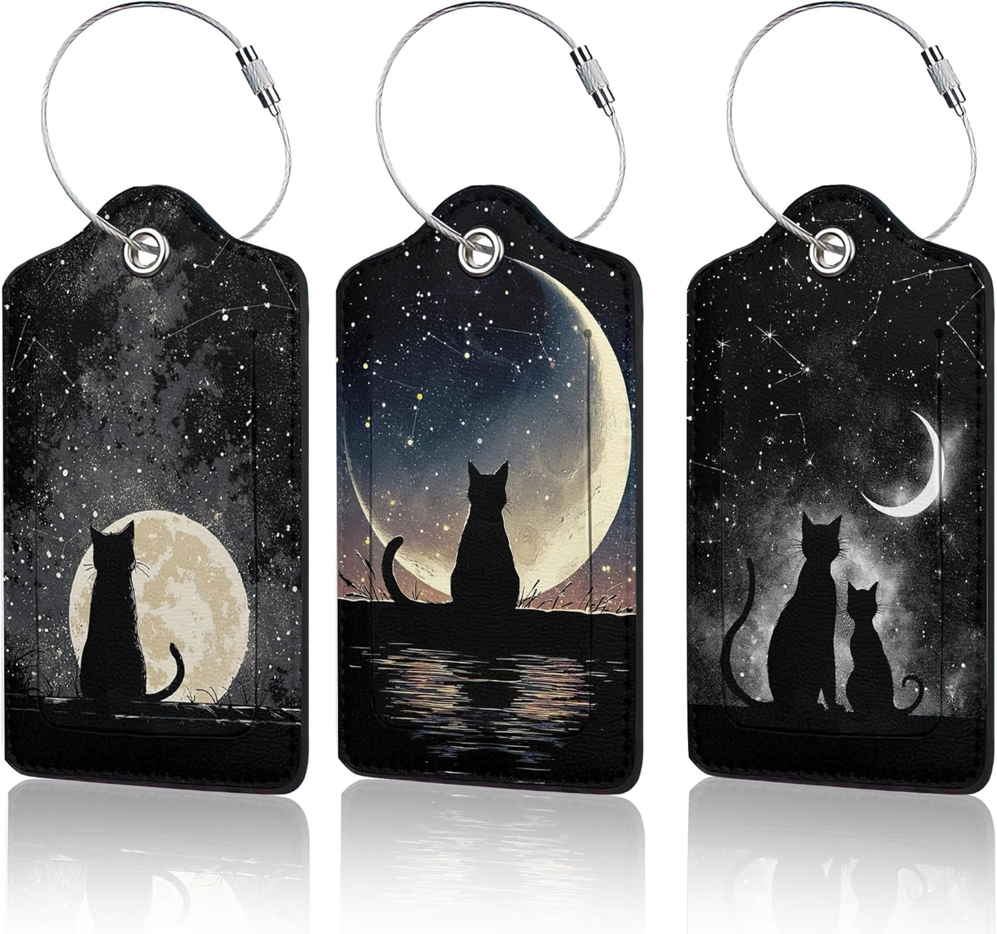 3 Pack Black Cat Luggage Tags for Suitcases, Moon Night Cute Leather Name Tag with Privacy Cover with Stainless Steel Loops, Travel ID Bag Tags for Women Men