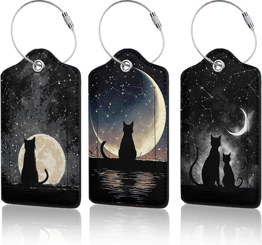 3 Pack Black Cat Luggage Tags for Suitcases, Moon Night Cute Leather Name Tag with Privacy Cover with Stainless Steel Loops, Travel ID Bag Tags for Women Men