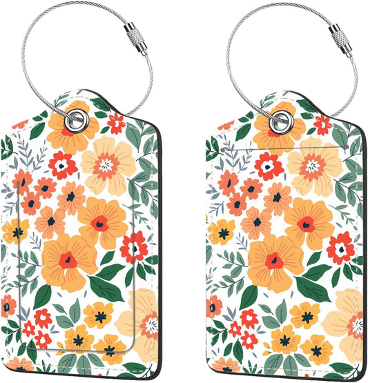 2 Pcs Luggage Tags for Suitcase, Cute Unique PU Leather Travel Bag Tag with Privacy Cover ID Label Address Card and Durable Metal Ring Suitable for Men Women Children Backpack,Yellow Flower