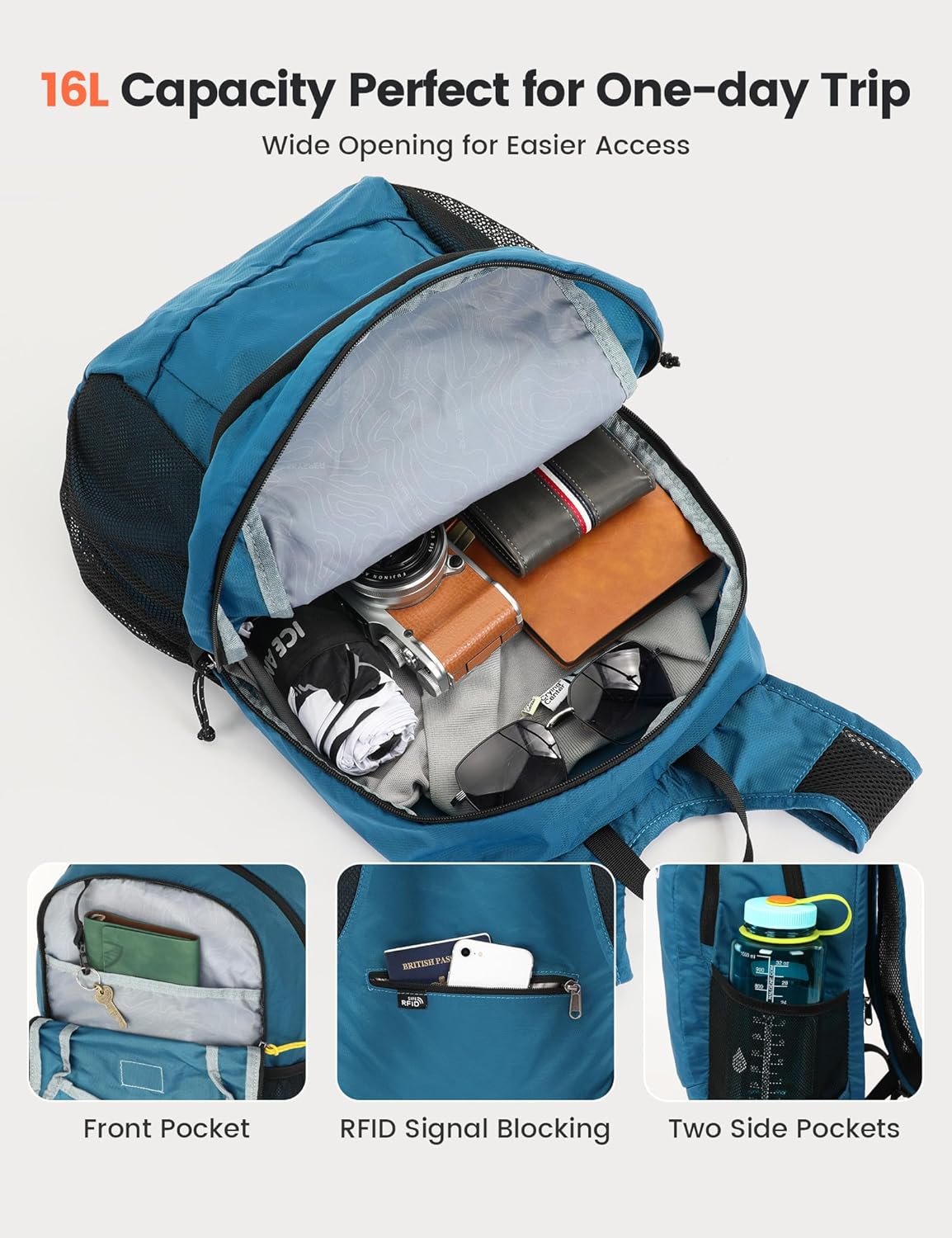 SKYSPER 16L Hiking Backpack Lightweight Small for Women Men, Foldable Packable Daypack - Travel Camping Backpack, Outdoor Hiking Bag (Blue)