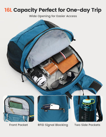 SKYSPER 16L Hiking Backpack Lightweight Small for Women Men, Foldable Packable Daypack - Travel Camping Backpack, Outdoor Hiking Bag (Blue)