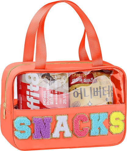 Snack Bag for Travel - Chenille Letter Clear Makeup Bag, Large Preppy Patch Snack Cosmetic Bag with Handle and Zipper, Cute Makeup Pouch Nylon&PVC Waterproof Toiletry Organizer Storage for Women Girls