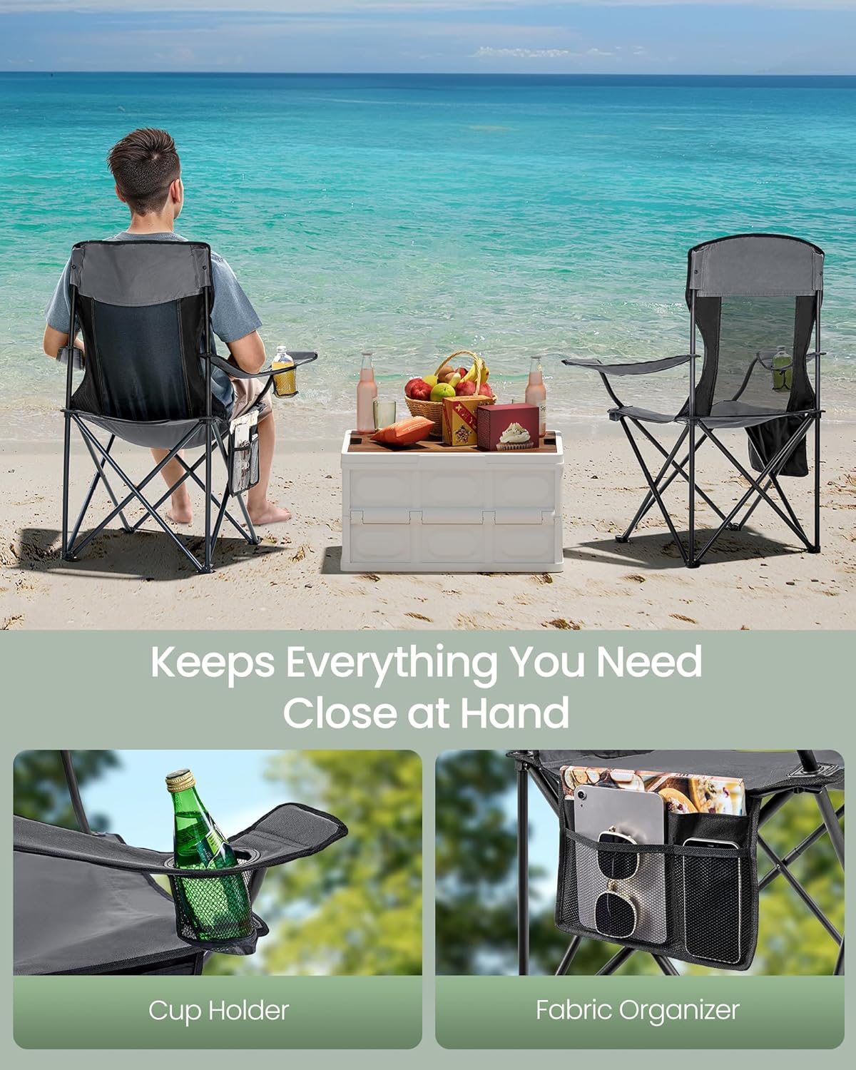 SONGMICS Breathable Camping Chairs, Foldable Outdoor Chairs Set of 2, High Back, Adjustable Armrests, Drink Holder, Weight Capacity 330 lb, for Sports Garden Backyard, Slate Gray UGCB028G01