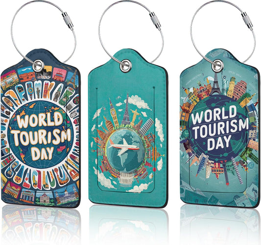 Travel Around The World Luggage Tags for Suitcase,3 Pack Go Travel Flight Views Luggage Tag Leather Privacy Cover ID Label with Stainless Steel Loop for Women Men