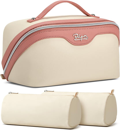 BOYATU Travel Makeup Bag Organizer Cosmetic Bag: 3 Pcs Set Make up Bags for Women with Handle - Waterproof Vegan Leather Toiletry Bags with Comparments (D-02-White)