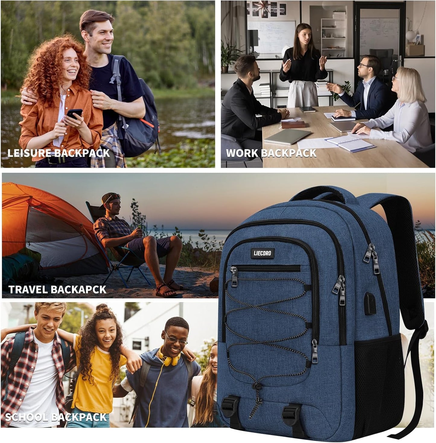 Blue Backpack for Men Women, Backpack for School, School Backpacks for Boys Girls Teens, 15.6 inch Laptop Back Pack with USB Charging Port, Large College Book Bag, Business Work Travel Bookbag