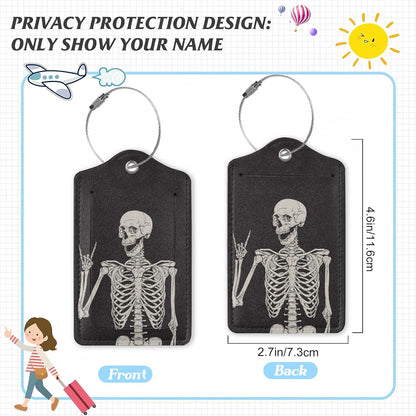 3 Pack Luggage Tag for Suitcase,Rock Roll Skeleton Leather Luggage Tags with Privacy Cover Name ID Label Identifiers Travel Bag Tags for Women Men Boys Girls