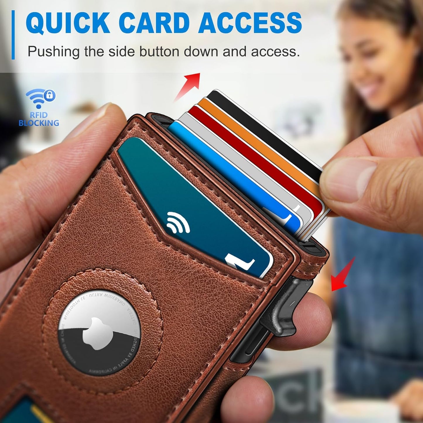 Airtag Wallet for Men,with Money Clip Gift Boxed,Slim Front Pocket Wallet RFID Blocking Metal Case Smart Pop-up Credit Card Holder in Magnetic Leather Flip