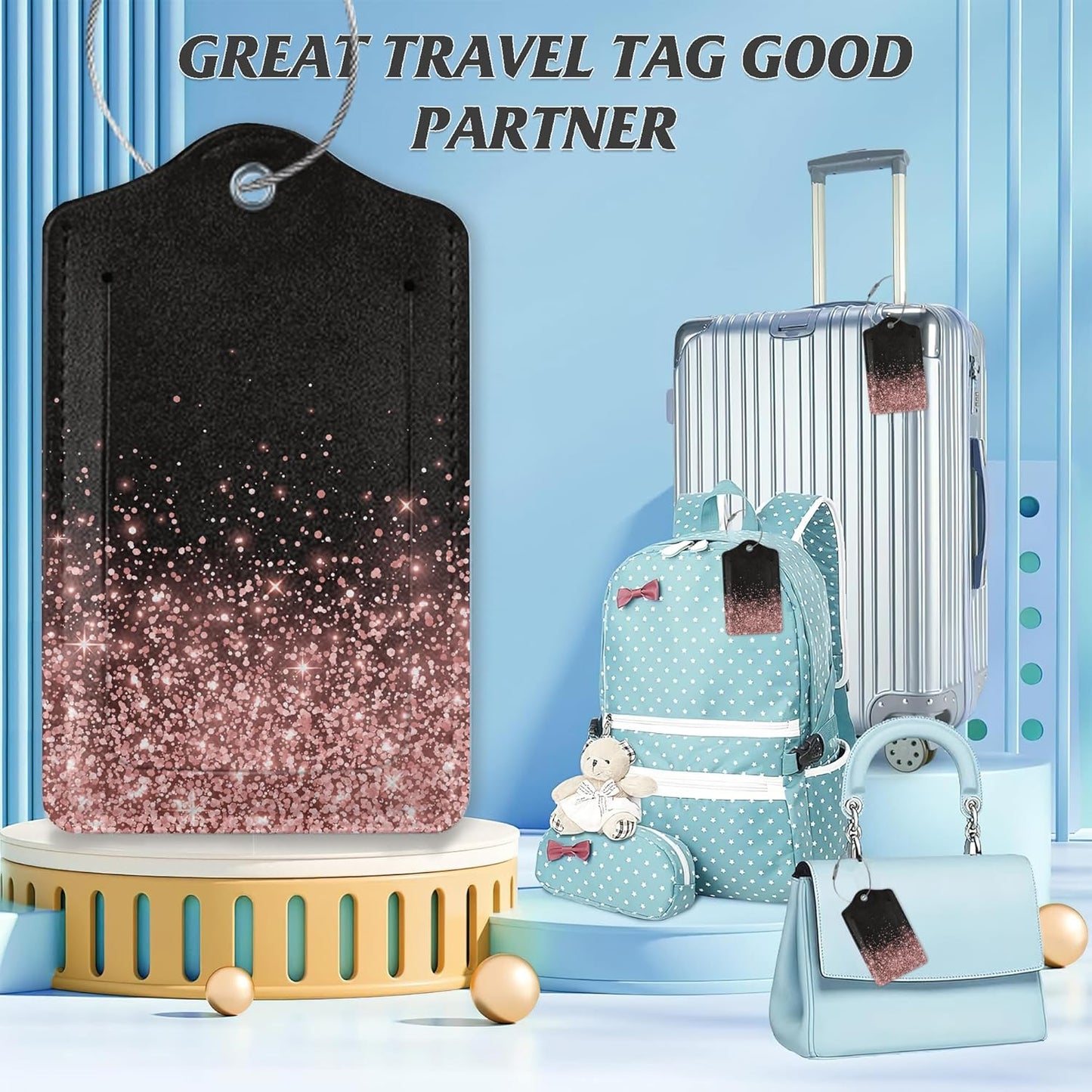 3 Pack Luggage Tag for Suitcase,Rose Golden Glitter Leather Luggage Tags with Privacy Cover Name ID Label Identifiers Travel Bag Tags for Women Men Boys Girls