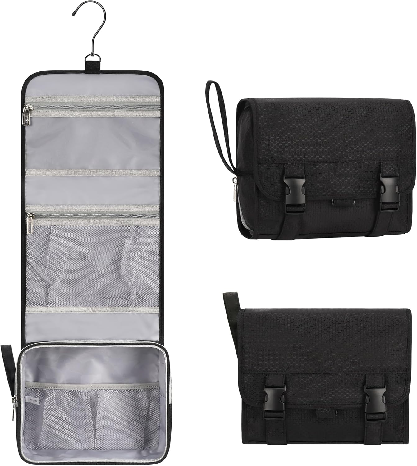 Small Hanging Toiletry Bag for Men and Women, Portable Hanging Organizer for Travel-Sized Shower Dopp Kit, Makeup Accessories, Waterproof Toiletries Organizer with 3 Compartments for Outdoor - Black