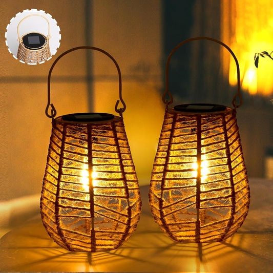 HPC Decor 2 PK Solar Lanterns - Outdoor Waterproof, Hemp Rope Solar Lights,Hanging Solar Lanterns Outdoor,Solar Lamp Lights,Decoration for Garden, Patio, Porch, Trees, Pathway,Outside.