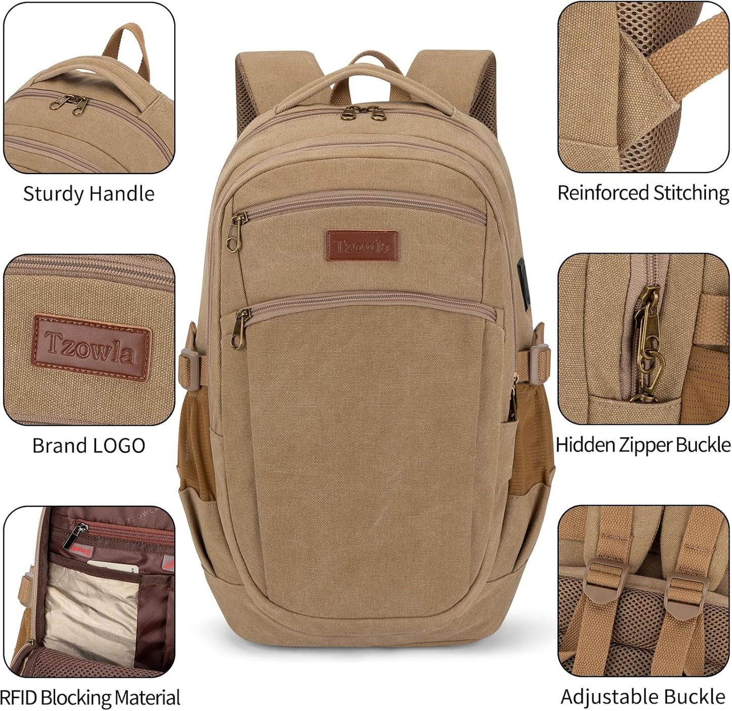 Tzowla Vintage Canvas Laptop Backpack for Men and Women,College Travel Work Rucksack with USB/Type-C Charging Port,Lightweight Bookbag Hiking Casual Daypack Backpacks Fit 15.6 Inch Notebook(Khaki)