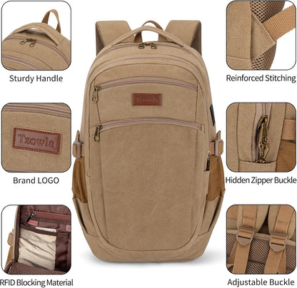 Tzowla Vintage Canvas Laptop Backpack for Men and Women,College Travel Work Rucksack with USB/Type-C Charging Port,Lightweight Bookbag Hiking Casual Daypack Backpacks Fit 15.6 Inch Notebook(Khaki)