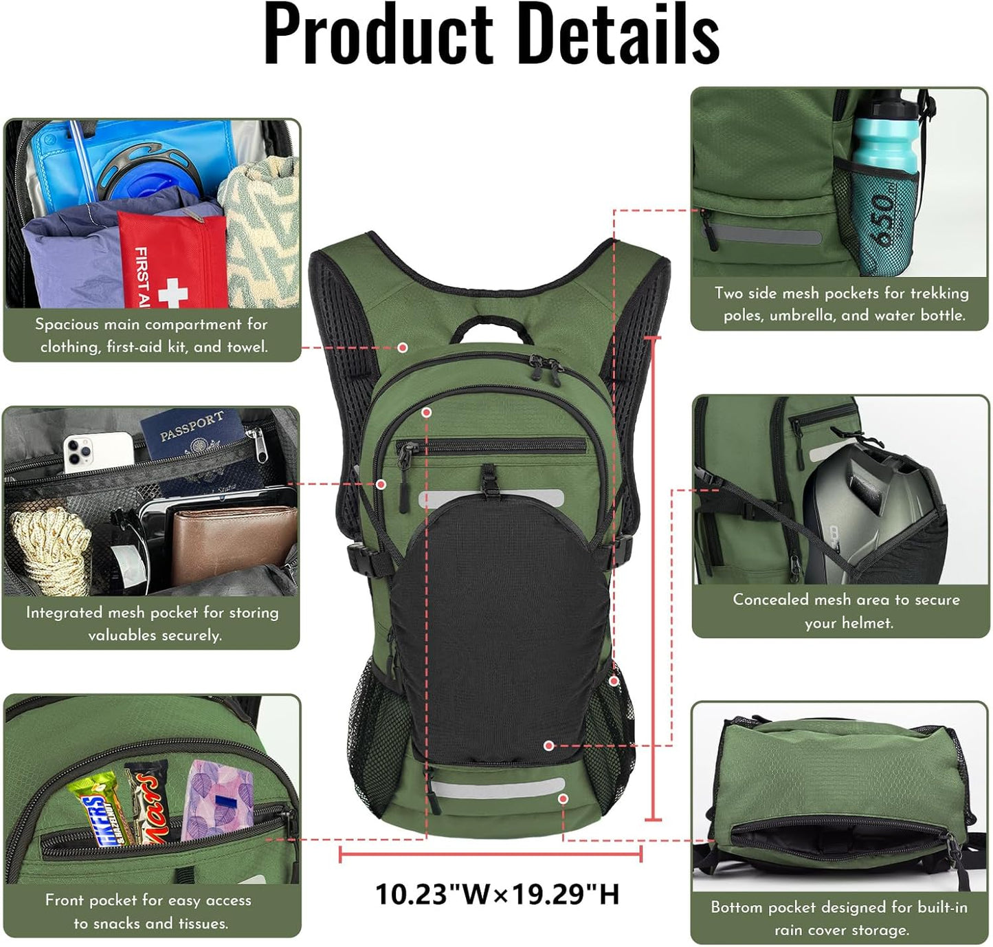 Zavothy 18L Multipurpose Hiking Backpack with 3L Water Bladder – Durable Hydration Backpack with Insulated Bladder Compartment, Hidden Helmet Holder & Rain Cover – for Hiking, Commuting, and Camping