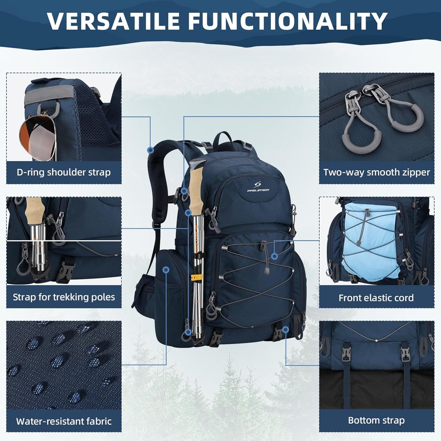Maelstrom Hiking Backpack, 40L Waterproof Camping Daypack for Men and Women, Lightweight Travel Pack with Rain Cover-Blue