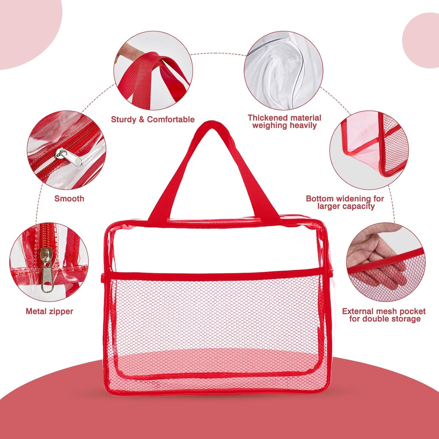 XEWEA Clear Travel Toiletry Bags, 3 Pack TSA Approved Transparent Makeup Bag for Men Women, Large Waterproof PVC Quart Organizer Kit with Zipper for Toiletries Airline Essential,Toy Storage Pouch Red