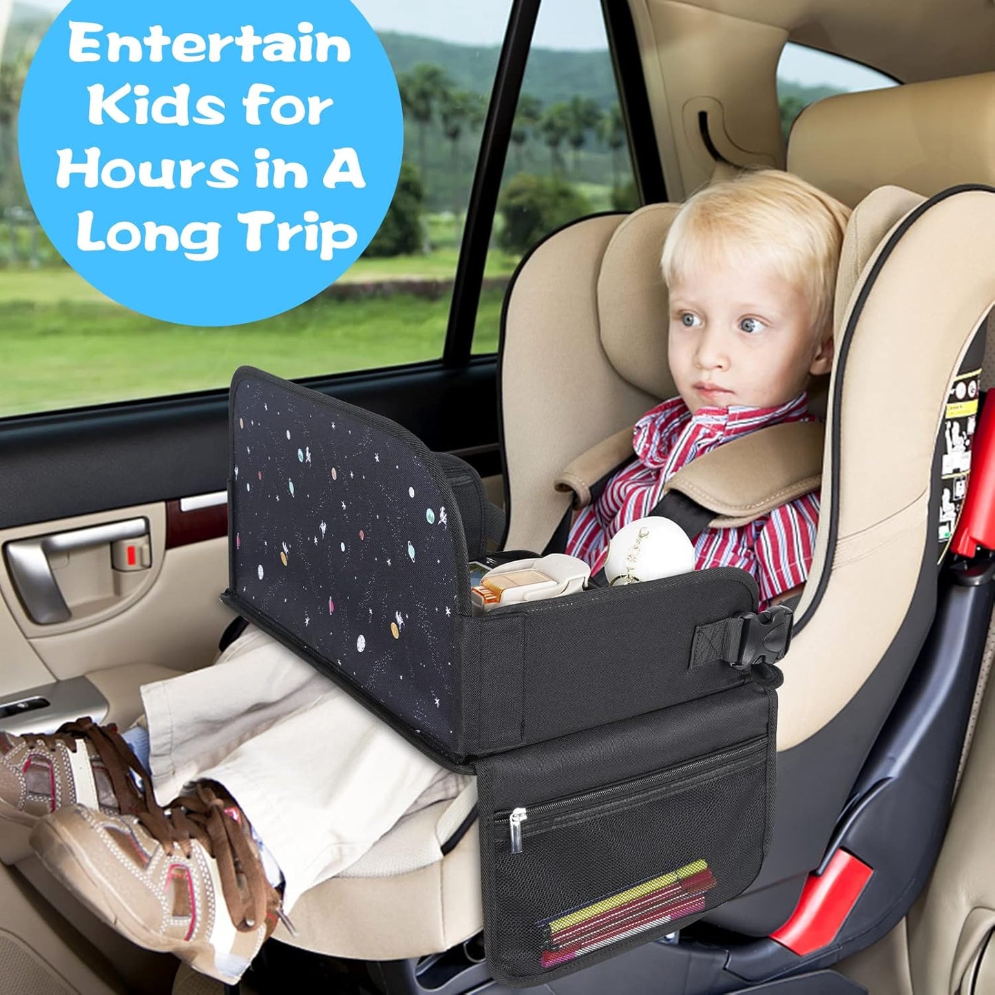 MENZOKE Kids Travel Tray, Travel Tray for Kids Car Seat with Educational Drawing Board, Tablet Holder & Cooler Cup Holder, Portable Road Trip Essentials Child's Gifts for Car Trip, Airplane, Black