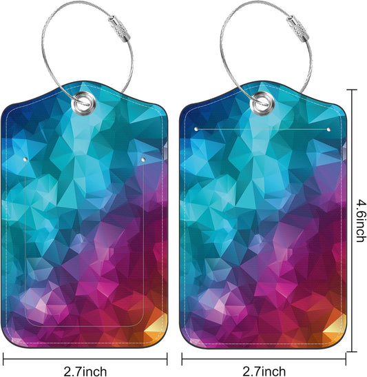 2 Pack Luggage Tag for Suitcase Polygonal and Rainbow Color Rhombus Leather Suitcase Tags with Identifiers Privacy Cover Name Address Labels and Stainless Steel Loop for Teens Adults