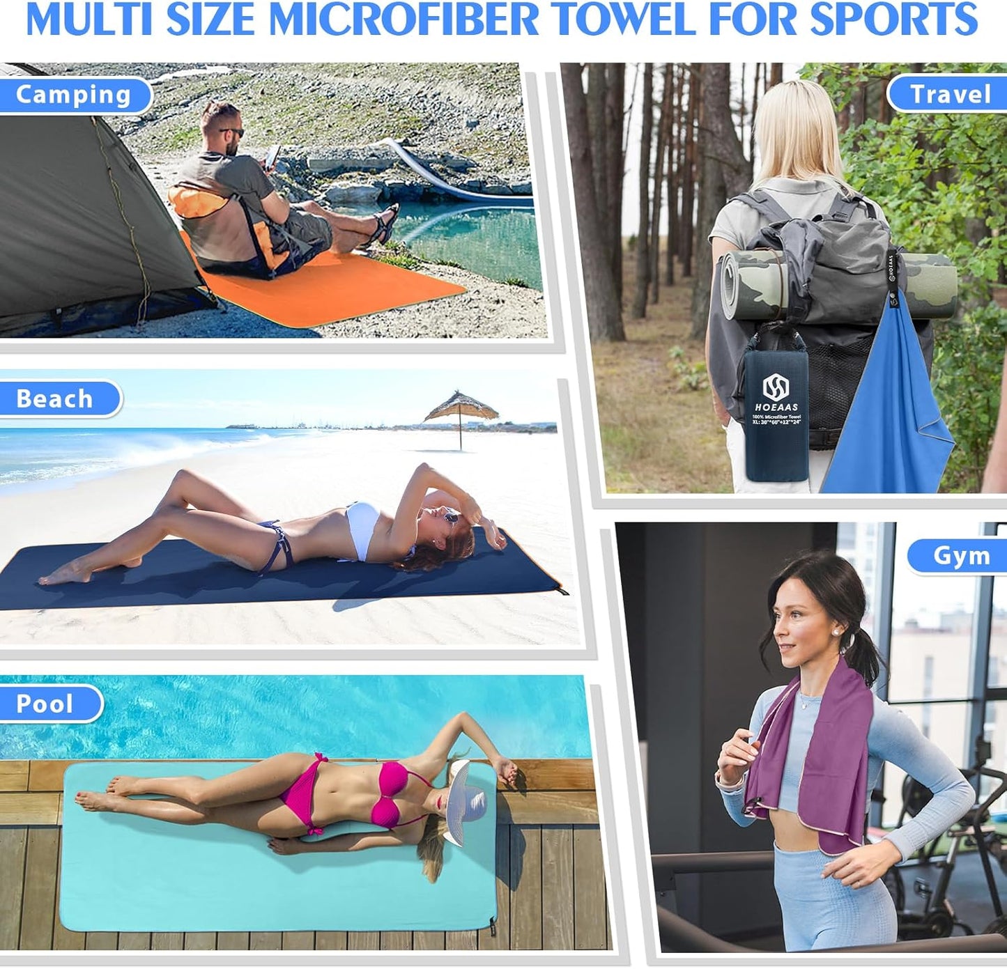 HOEAAS 2 Pack Microfiber Camping Towels, Quick Dry Towel, Super Absorbent Ultra Compact Travel Towel Soft Lightweight Sports Towel for Sweat Fast Drying Towels for Pool,Gym,Hiking,Backpacking,Fitness