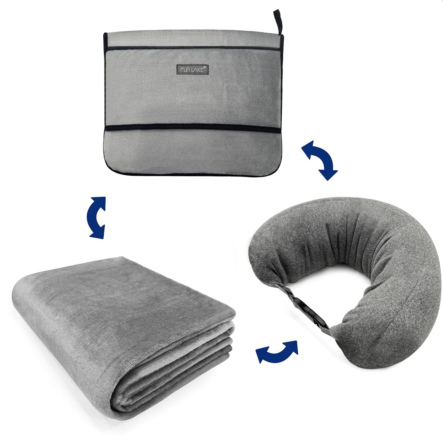 3-in-1 Travel Pillow Blanket Set - Soft Flannel Convertible Pillow, Blanket & Neck Pillow with Backpack Clip | Compact Travel Essentials for Airplane, Car, Office, Grey