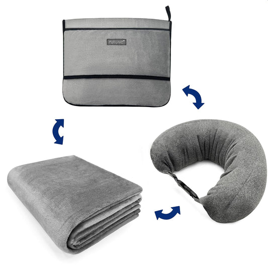 3-in-1 Travel Pillow Blanket Set - Soft Flannel Convertible Pillow, Blanket & Neck Pillow with Backpack Clip | Compact Travel Essentials for Airplane, Car, Office, Grey