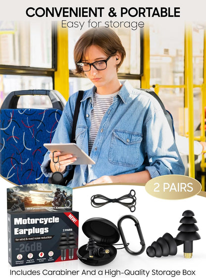 Motorcycle Ear Plugs, 2 Pairs Reusable Silicone, 26dB Wind Noise Reduction & Ear Protection Earplugs with Safety Cord & Travel Case, Comfort Fit for Motorbike, Highway Riding, Touring & Shooting