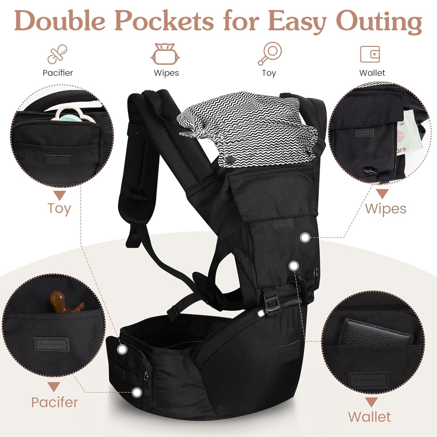 Baby Carrier Newborn to Toddler, 6-in-1 Baby Carrier with Hip Seat Lumbar Support 7-45lbs, Baby Soft Carrier for All Seasons & Positions, Adjustable Size for Shopping Hiking Travelling Black