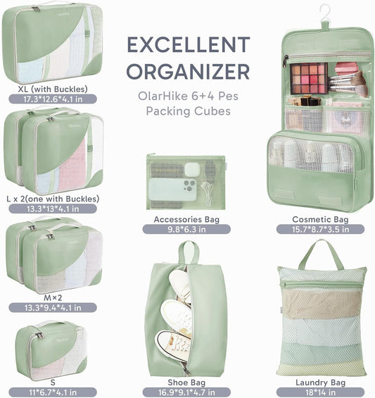 ALL INCLUDED 10 Set Durable Packing Cubes for Suitcases,OlarHike Essentials for Travel,UPGRADED Anti-Tear Stitching, NEW Improved Luggage Packing Organizers for Travel Accessories, Matcha Green