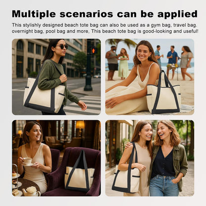 Large Canvas Tote Bag,White and Green, with Laptop Sleeve and Multiple Pockets