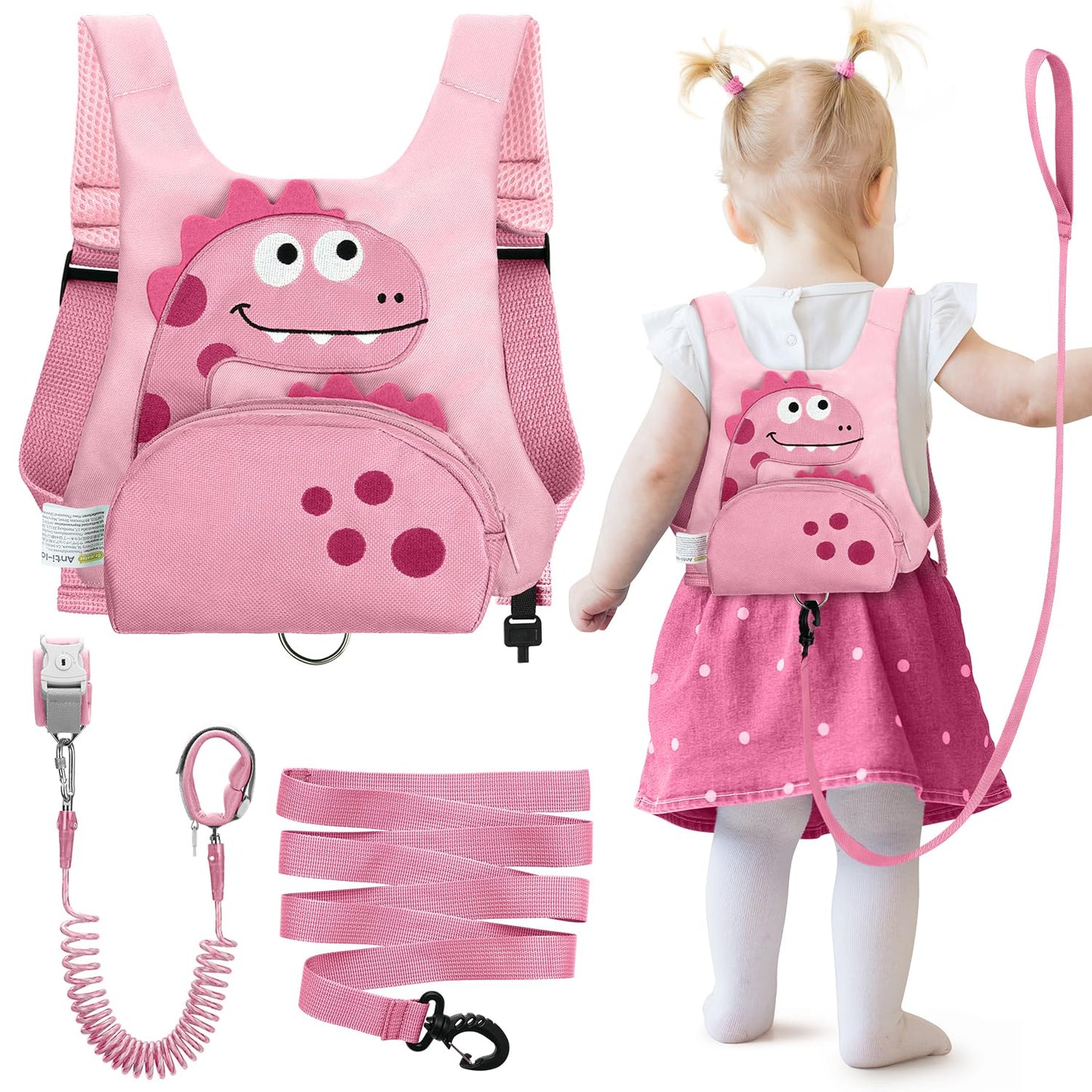 Dr.meter 3 in 1 Toddler Harness Leash + 8.2ft Anti Lost Wrist Link, Cute Dinosaur Kids Anti Lost Leash with Key Lock, Child Walking Harness for Parent Boys Girls Keep Kids Close, Travel Essensials