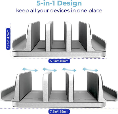 Adjustable Laptop Stand, 5 Slots, Aluminum Space-Saving, for Apple MacBook/Surface/Galaxy/Tablet/iPad/iPhone, Silver