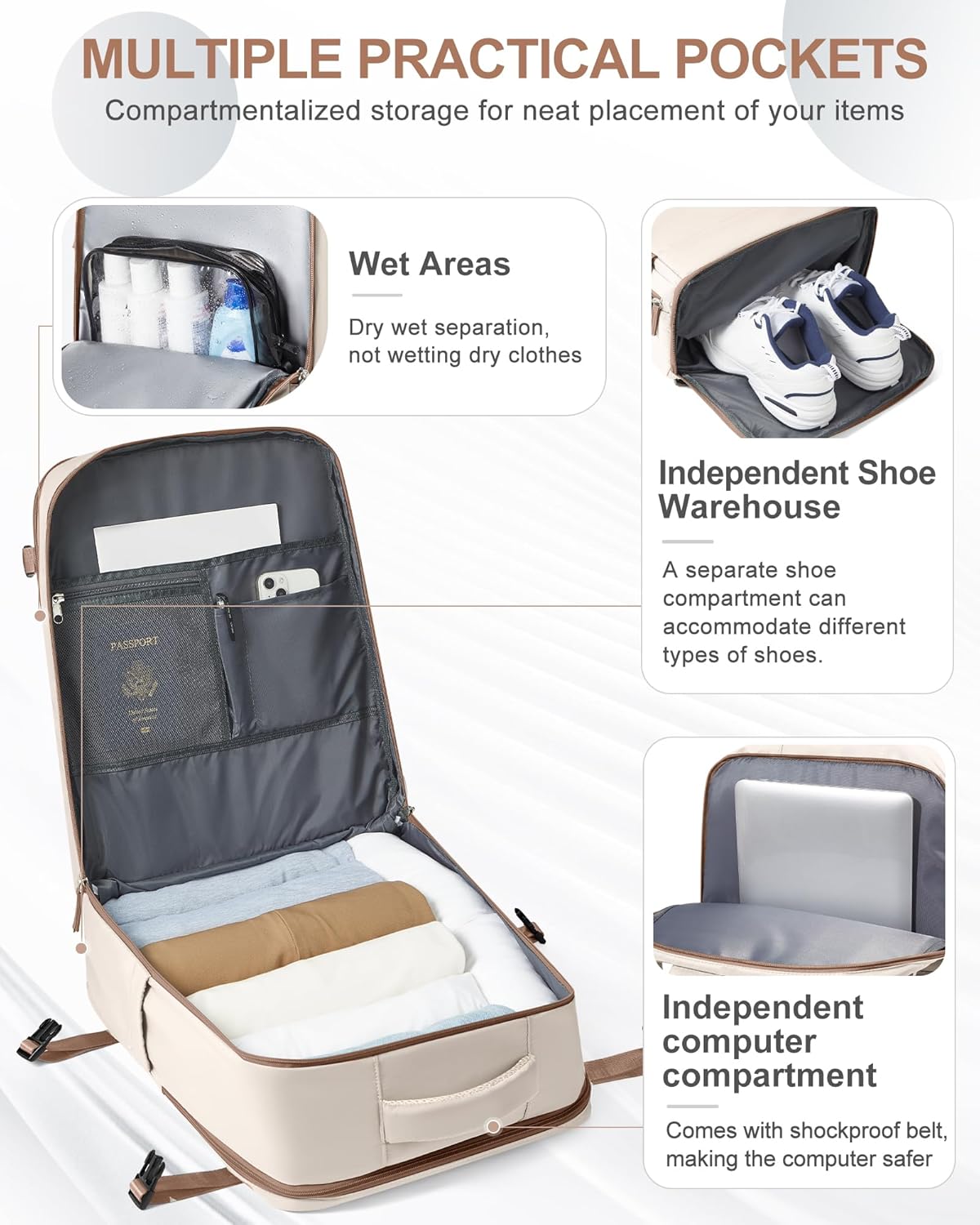 coowoz Travel Backpack Carry On for Women Man Gym Backpacks with Laptop Compartment Mochila de Viaje Teacher Personal Item Backpack Rucksack Airplane Accessories Must Haves Beige Brown