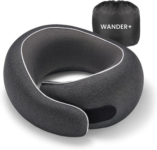 WANDER PLUS® Travel Neck Pillow, Pure Memory Foam Neck Pillow for Airplanes, Comfortable Breathable Cover, 360 Degree Support Ergonomic Design Best for Sleeping Plane Train Travel Essentials Max Black