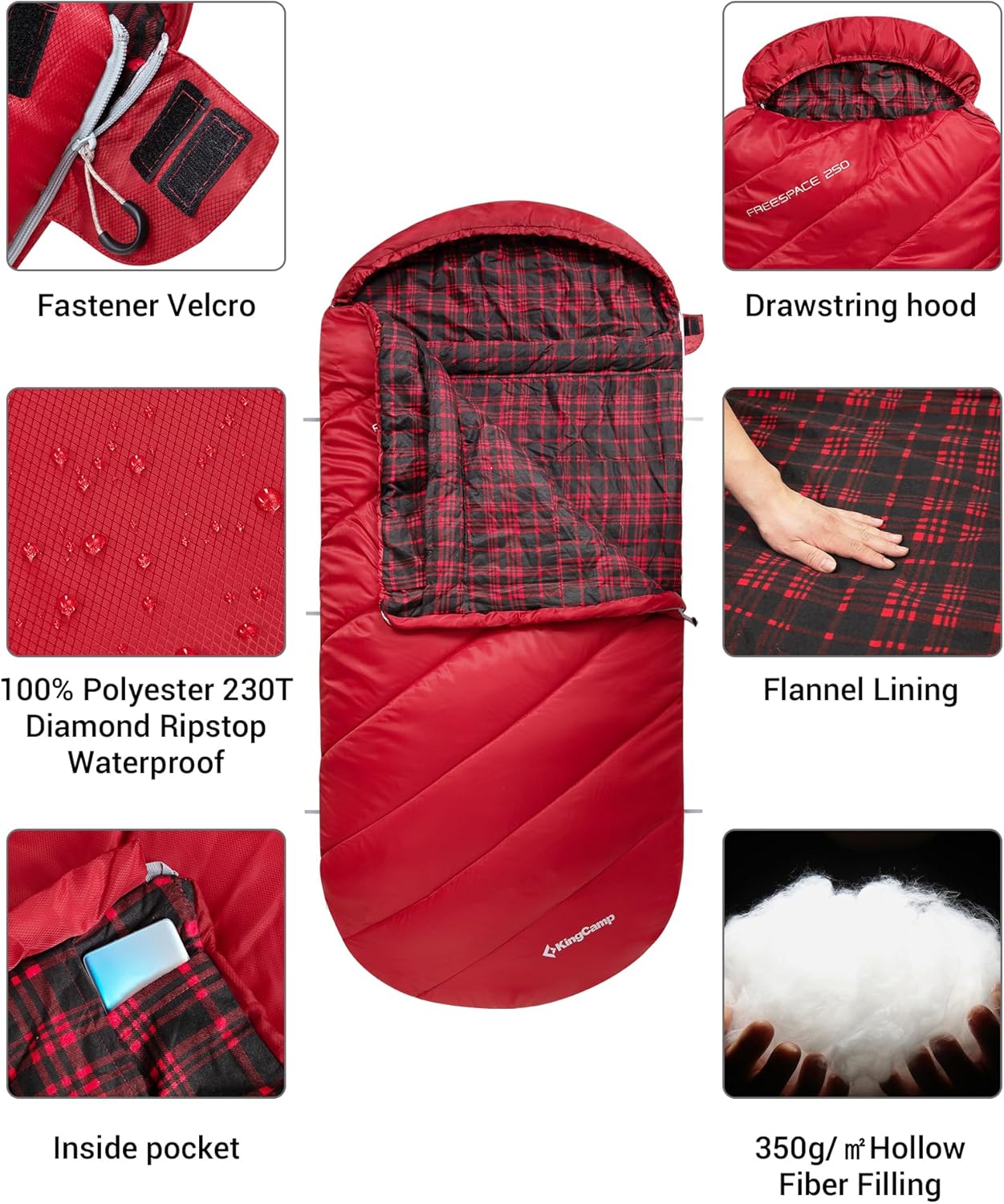 KingCamp Sleeping Bag for Adults, Cold Weather & Warm Extra Wide Big & Tall XL Portable Waterproof Flannel Sleeping Bags, Essentials Gear Accessories for Camping Backpacking Hiking Indoor & Outdoor