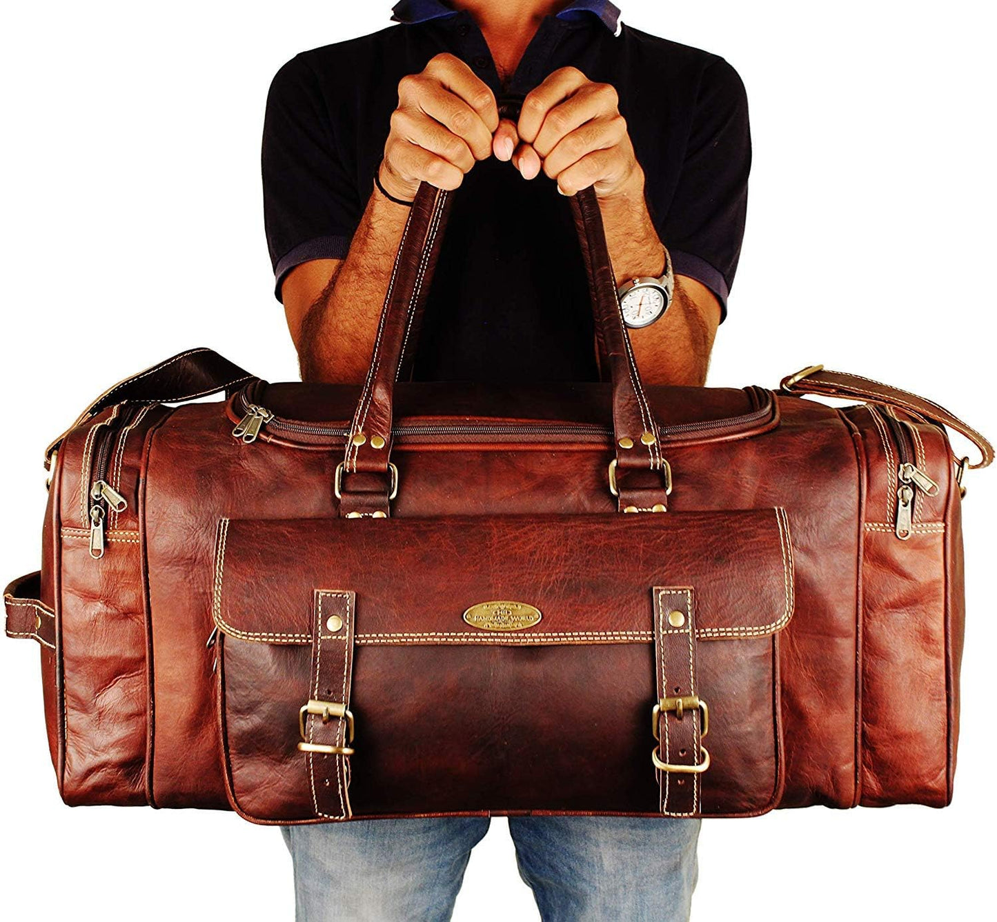 Men’s Gym Sports Overnight Weekender Bag Leather Travel Bags For Men Vintage Leather Duffle Bag Women Carry On Travel Holdall Bag 24 Inches