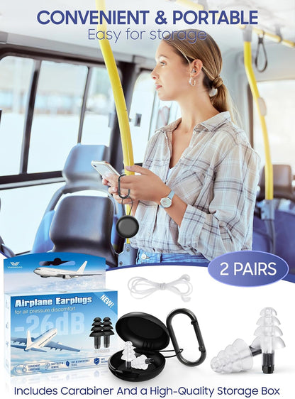 Ear Plugs for Airplane Pressure Relief, 2 Pairs Adults Soft Silicone Reusable Airplane Earplugs 26dB, with Silicone Connector Cord, Travel Essentials for Flying, Ear Protection Earplugs for Plane